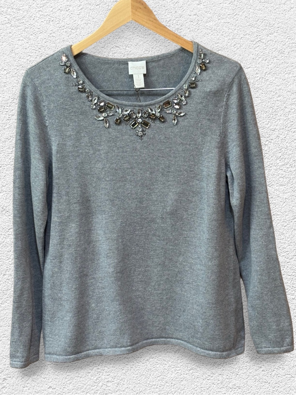 NWT Chico's Gray Embellished Bead Neck Long Sleeve Scoop Neck Knit Sweater M 1